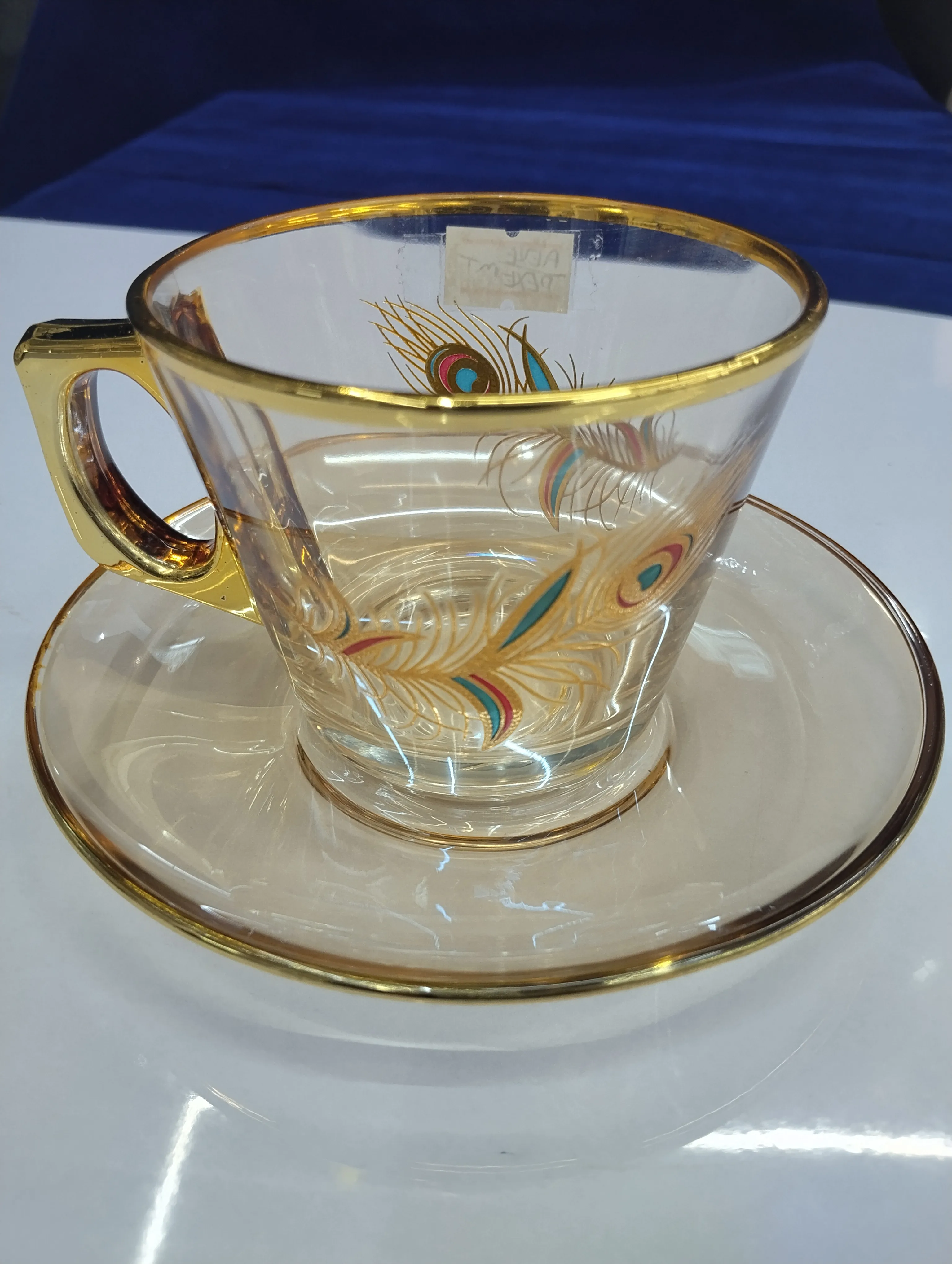 Glass Teacup with Peacock Feather Design view 2