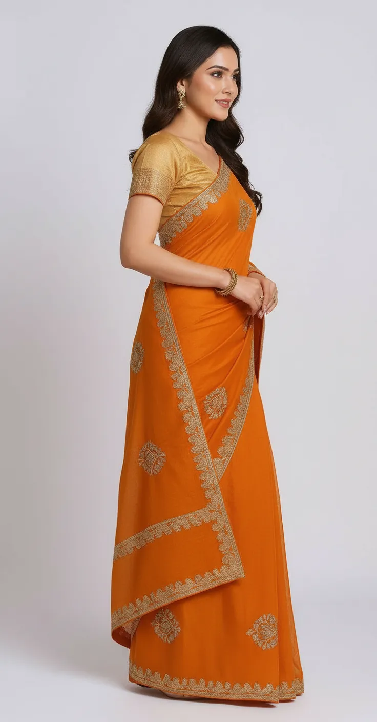 Elegant Embroidered Saree with Golden Border – Available in Multiple Colours view 3