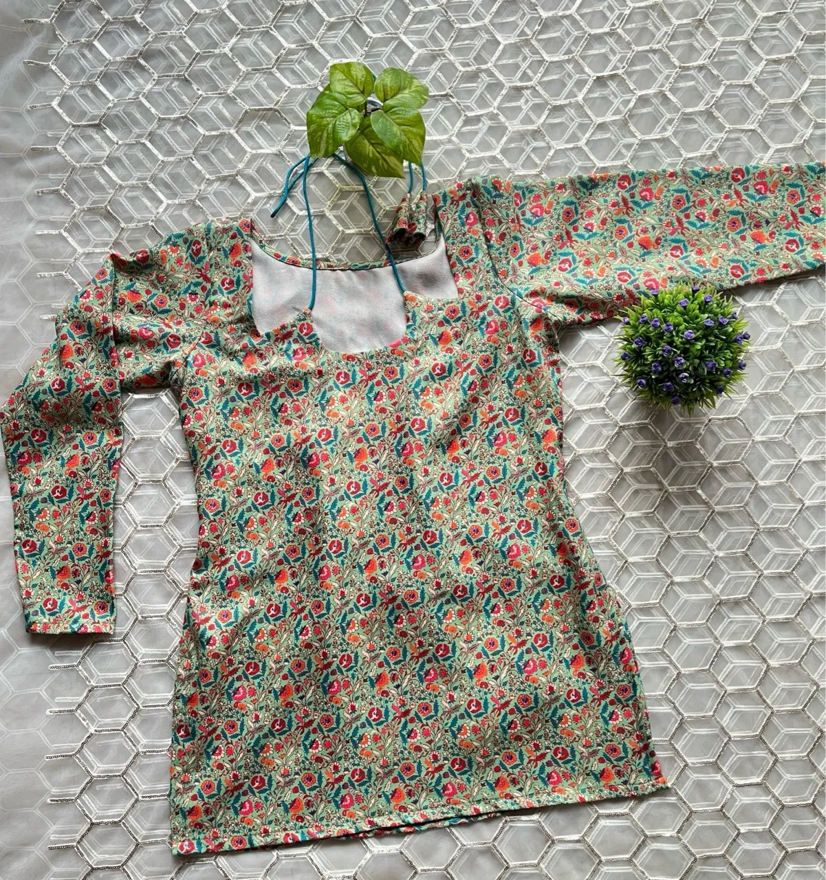 Green Floral Halter Neck Woolen Kurti view 3