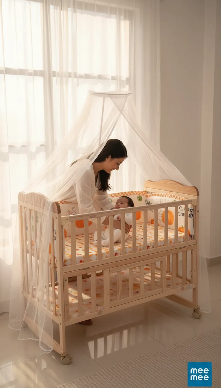 Mee Mee Rocking Wooden Baby Cot with Mosquito Net