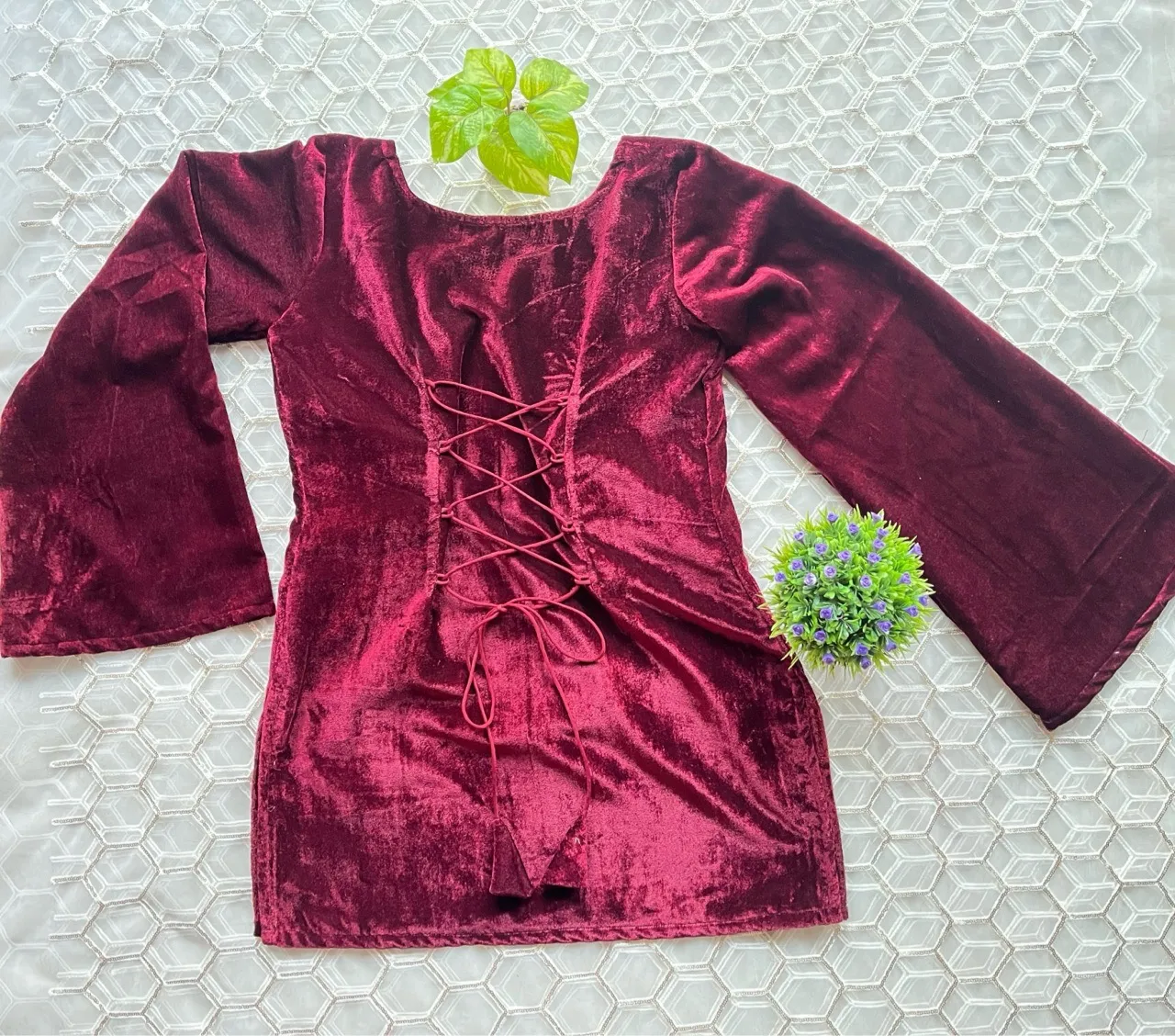 Velvet Halter Neck Kurti- Maroon view 2