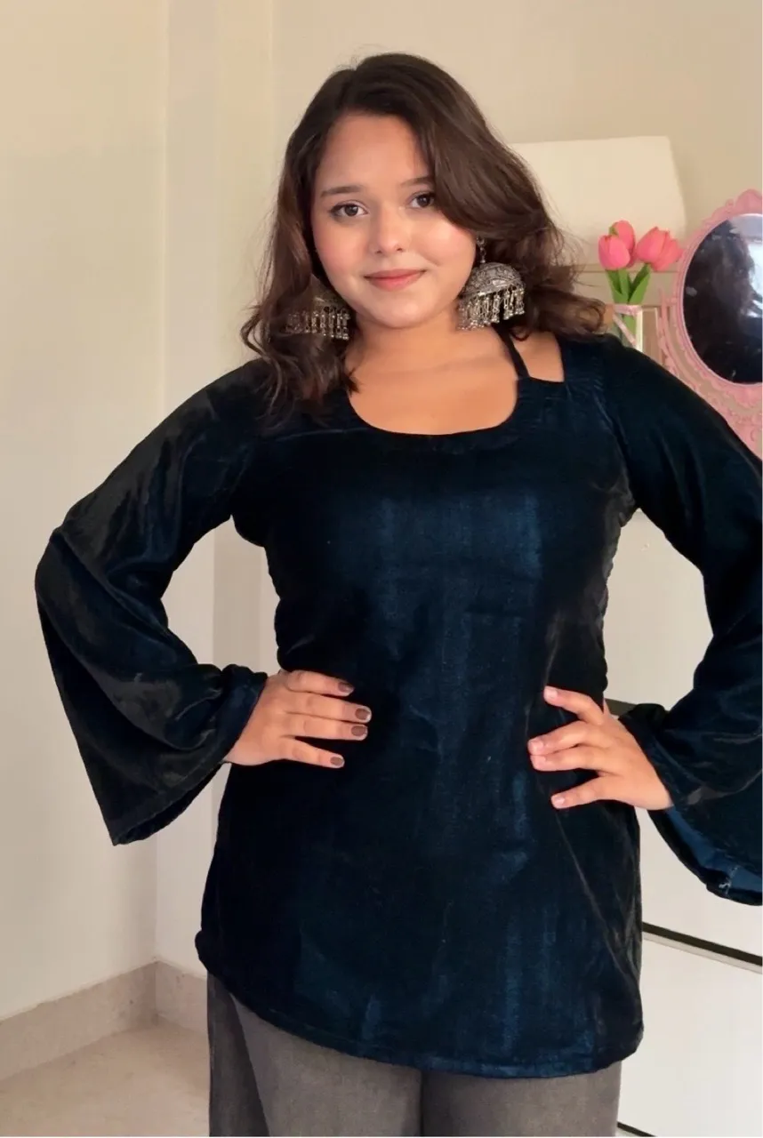 Velvet Halter Neck Kurti - Teal Blue