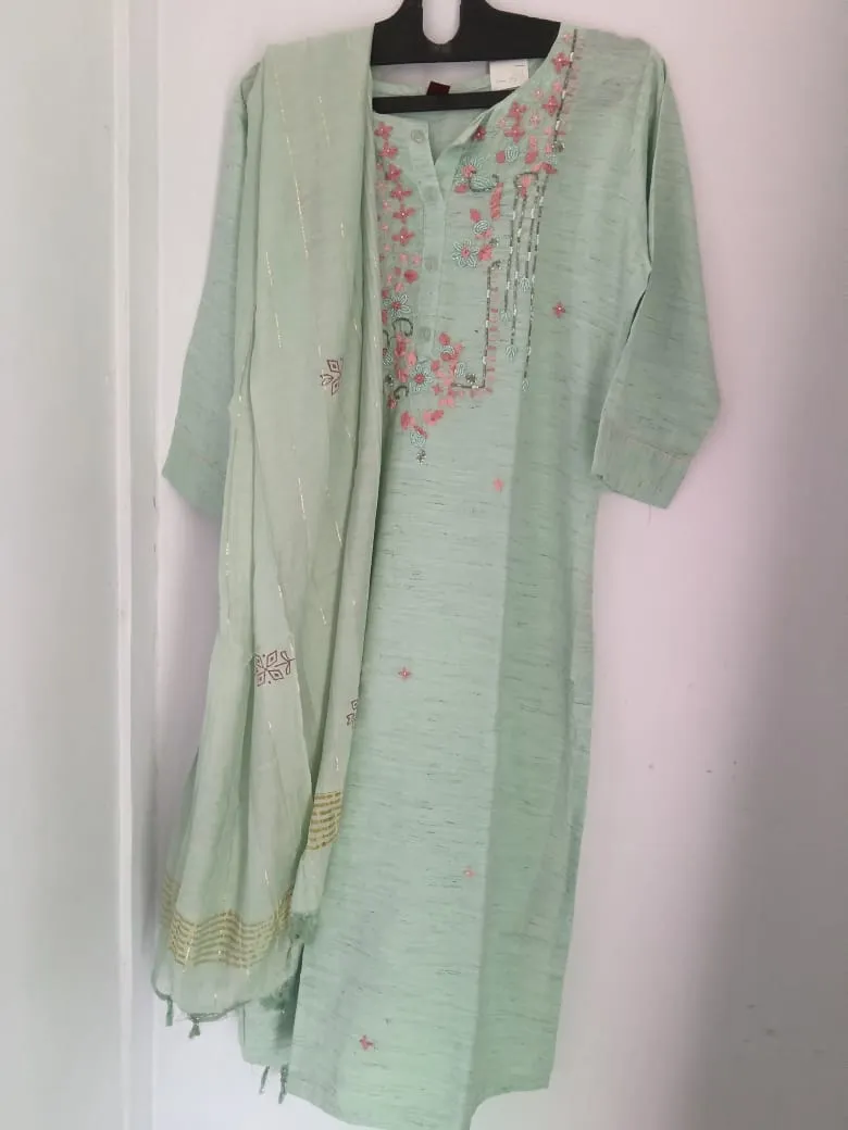 Embroidered Green Kurti Set view 2