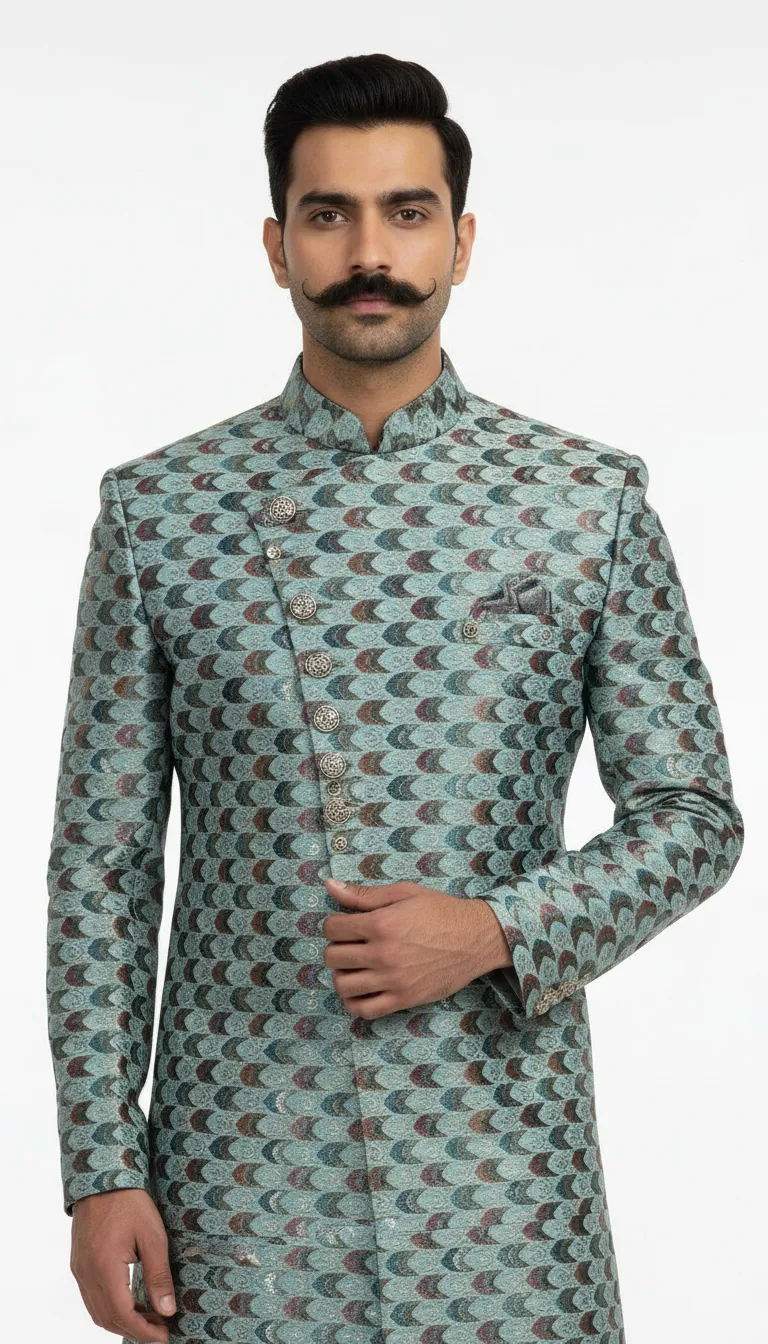 Designer Zari Work Embroidered Sherwani / Indo view 4