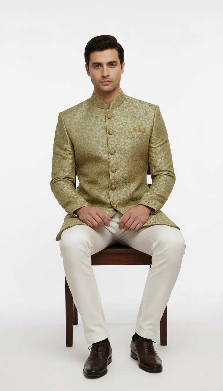 Mens Designer Gold Jacquard Sherwani view 3