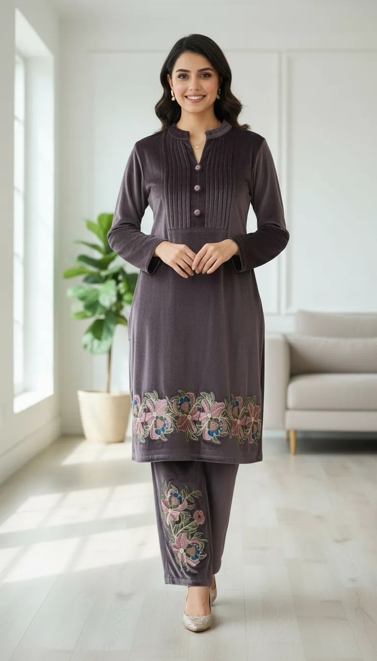 Grey Embroidered Velvet Co-ord Set view 3