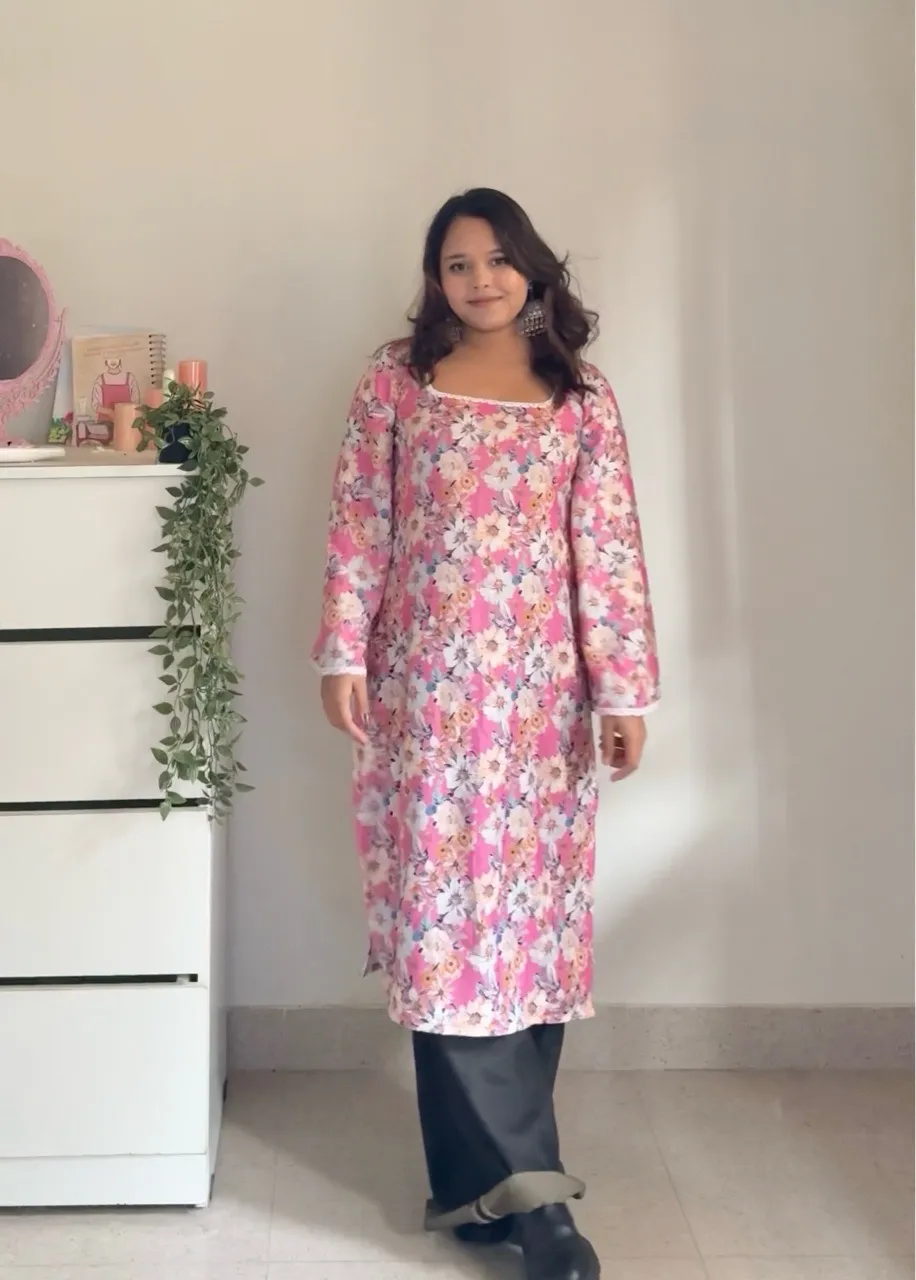 Long Floral Woolen Kurti - Pink view 2