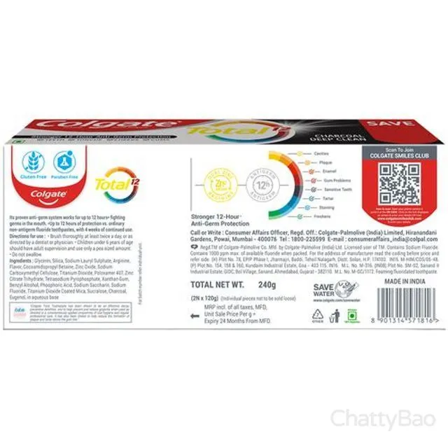 Colgate Total Charcoal Deep Clean Toothpaste 240 g (Pack of 2) view 2